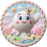 A 3D Claymorphism-style illustration of a cute green dragon wearing a small gold crown, sitting on a fluffy white cloud throne. The scene is enclosed in a circular frame featuring a pastel fantasy landscape with mushroom houses, a gingerbread man, a smiling sun, and a crescent moon