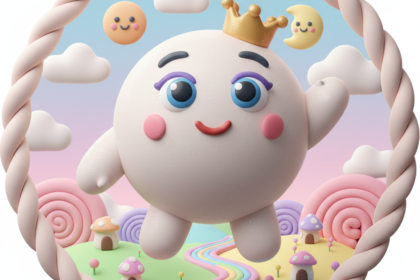 A 3D Claymorphism-style illustration of a cute green dragon wearing a small gold crown, sitting on a fluffy white cloud throne. The scene is enclosed in a circular frame featuring a pastel fantasy landscape with mushroom houses, a gingerbread man, a smiling sun, and a crescent moon