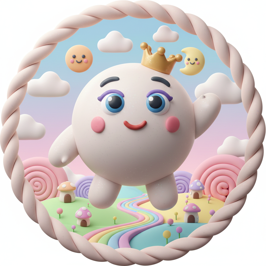 A 3D Claymorphism-style illustration of a cute green dragon wearing a small gold crown, sitting on a fluffy white cloud throne. The scene is enclosed in a circular frame featuring a pastel fantasy landscape with mushroom houses, a gingerbread man, a smiling sun, and a crescent moon