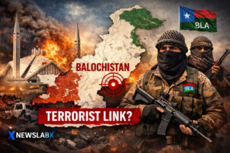 Illustration showing Islamabad mosque attack investigation with focus on BLA militancy and Balochistan security situation.